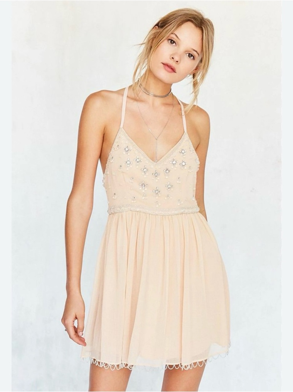Kimchi Blue Beaded V-Neck Spaghetti Strap Dress in Light Peach